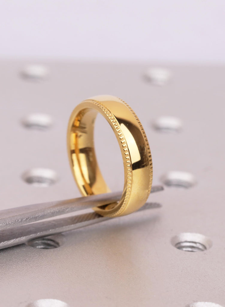 Domed 14k Yellow Gold Plated Mens Titanium Wedding Band, 5mm Milgrain Comfort Fit Ring image #8