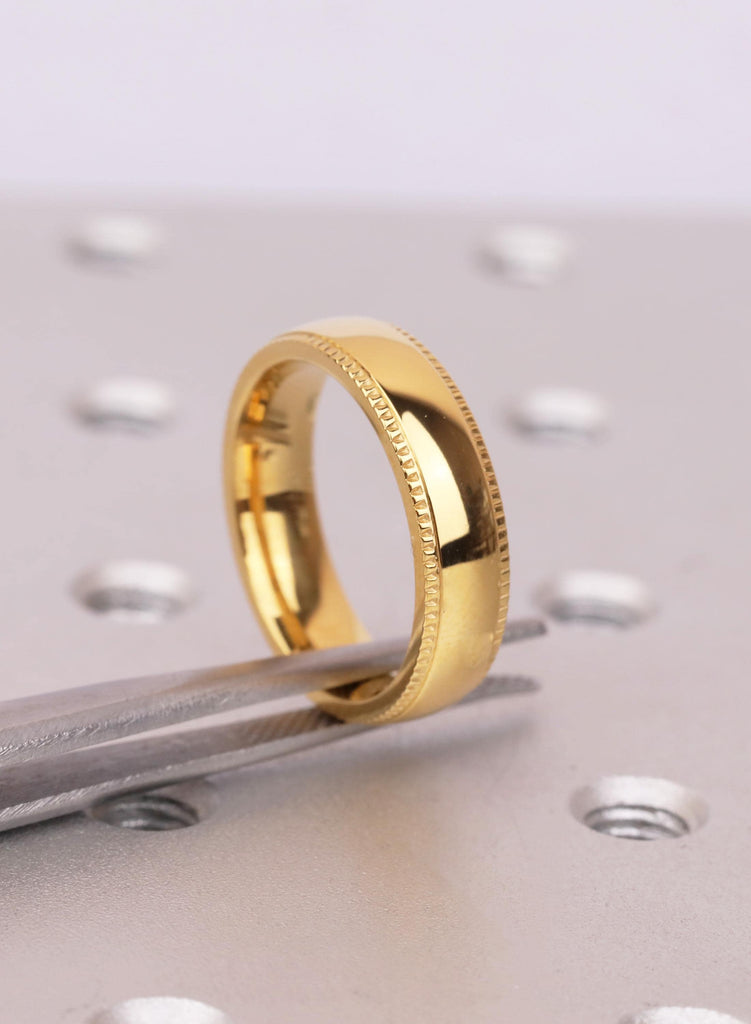 5mm Domed Comfort Fit 14k Yellow Gold Titanium Ring — Mens Milgrain, Shiny Polished Yellow Gold Titanium Band Wedding Band Ring image #8