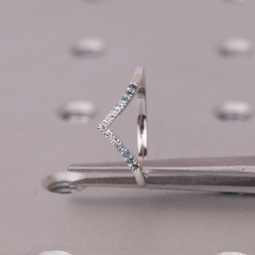 Unique Blue Green Gemstones, Diamond Wedding Rings for Women | 14k Gold Stackable Wedding Bands | V Shaped Ring Bridal Jewelry image #2