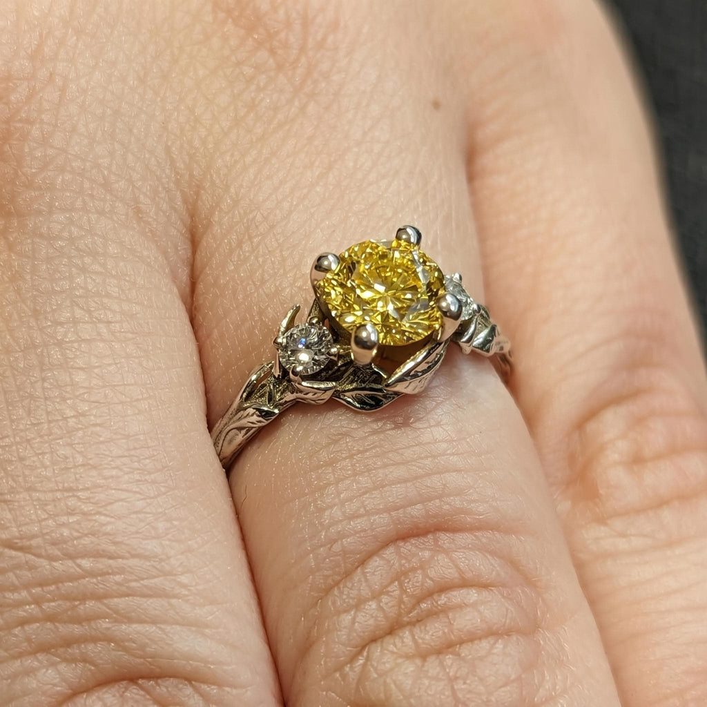 Nature Inspired Yellow Diamond Engagement Ring | Leaves Band Round Lab Diamond Wedding Ring | Leaf Vine Branch Alternative Engagement Ring image #2