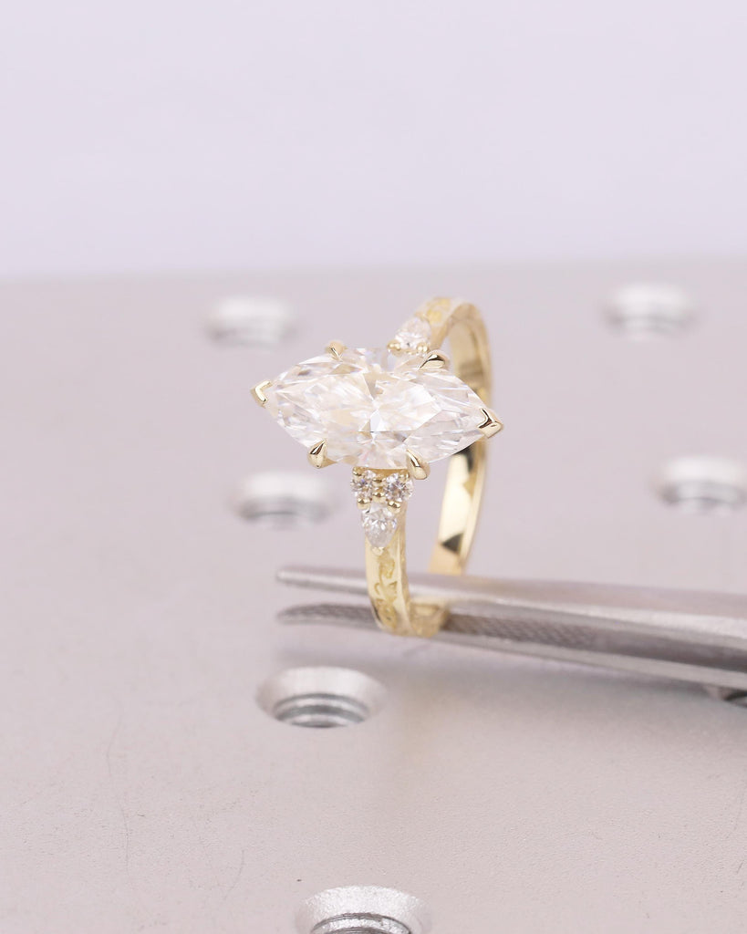 Lab Grown Diamond Hidden Halo Ring, 14k Solid Gold Marquise Engagement Ring, Nature Jewelry image #10