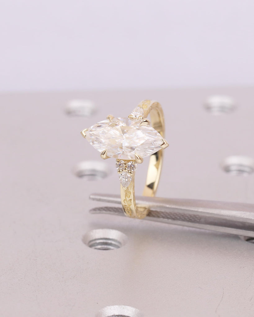 Lab Grown Diamond Hidden Halo Ring, 14k Solid Gold Marquise Engagement Ring, Nature Jewelry image #5