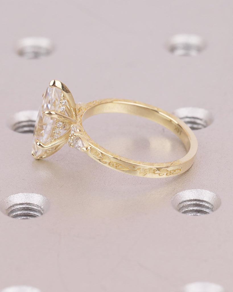 Lab Grown Diamond Hidden Halo Ring, 14k Solid Gold Marquise Engagement Ring, Nature Jewelry image #4