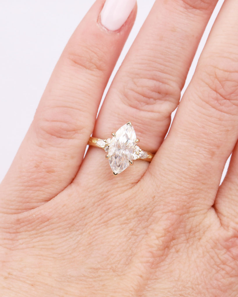 Marquise Diamond Ring, Hidden Halo Engagement Ring, Art Deco 18k/14k Gold Lab Created Diamond Wedding Anniversary Ring, Leaf Engraved Band image #11