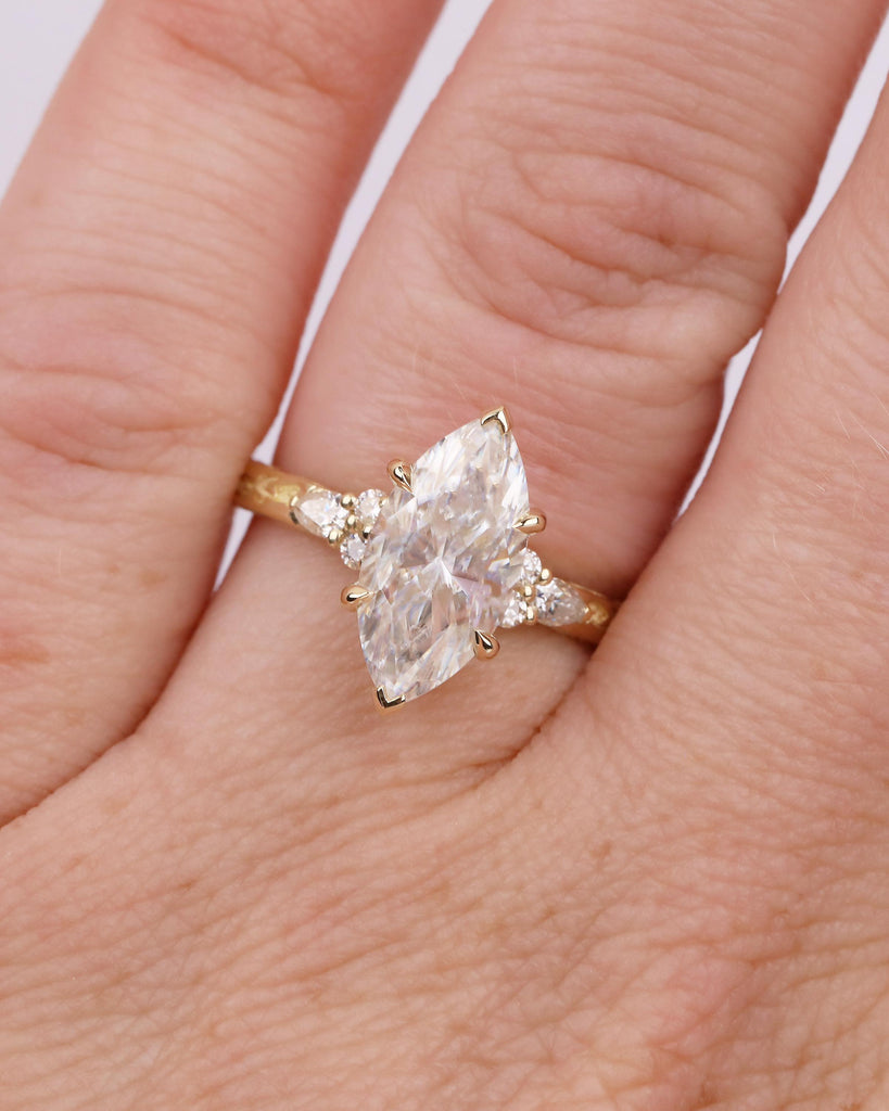 Marquise Diamond Ring, Hidden Halo Engagement Ring, Art Deco 18k/14k Gold Lab Created Diamond Wedding Anniversary Ring, Leaf Engraved Band image #3