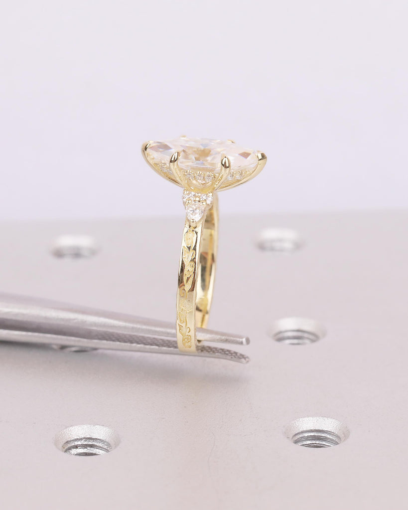 Lab Grown Diamond Hidden Halo Ring, 14k Solid Gold Marquise Engagement Ring, Nature Jewelry image #12