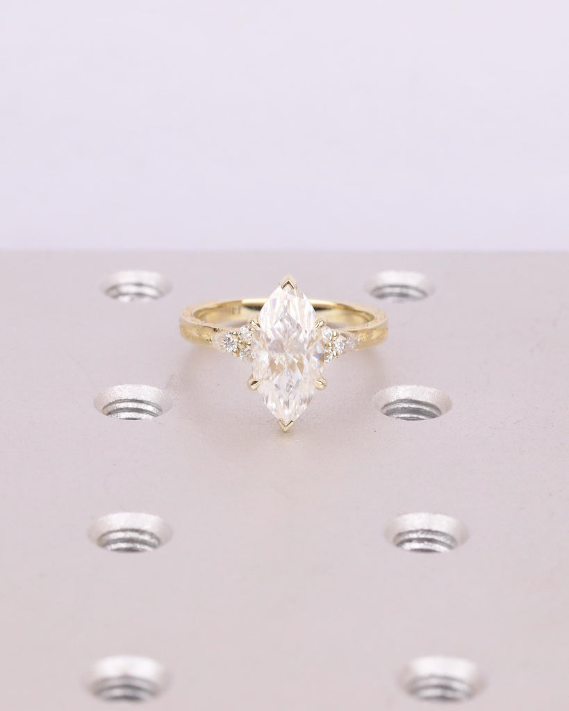 Marquise Diamond Ring, Hidden Halo Engagement Ring, Art Deco 18k/14k Gold Lab Created Diamond Wedding Anniversary Ring, Leaf Engraved Band image #1