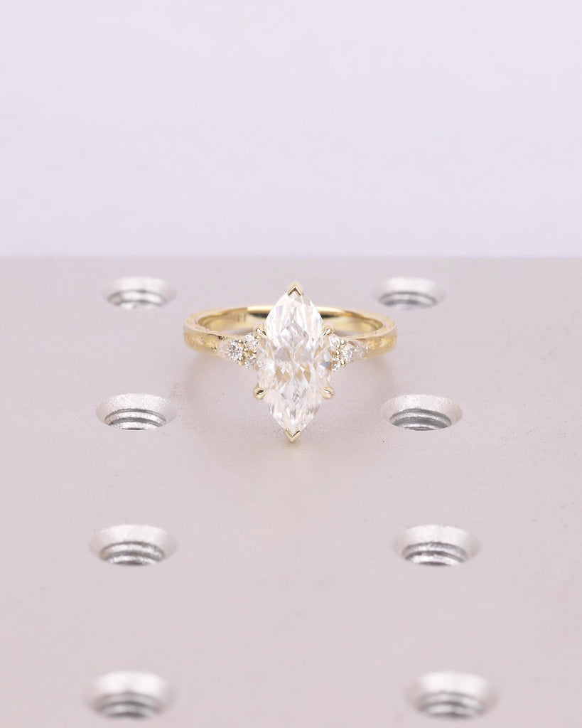 Marquise Moissanite Engagement Ring in 14k Solid Gold, Hidden Halo Ring, Vine Engraved Band image #2