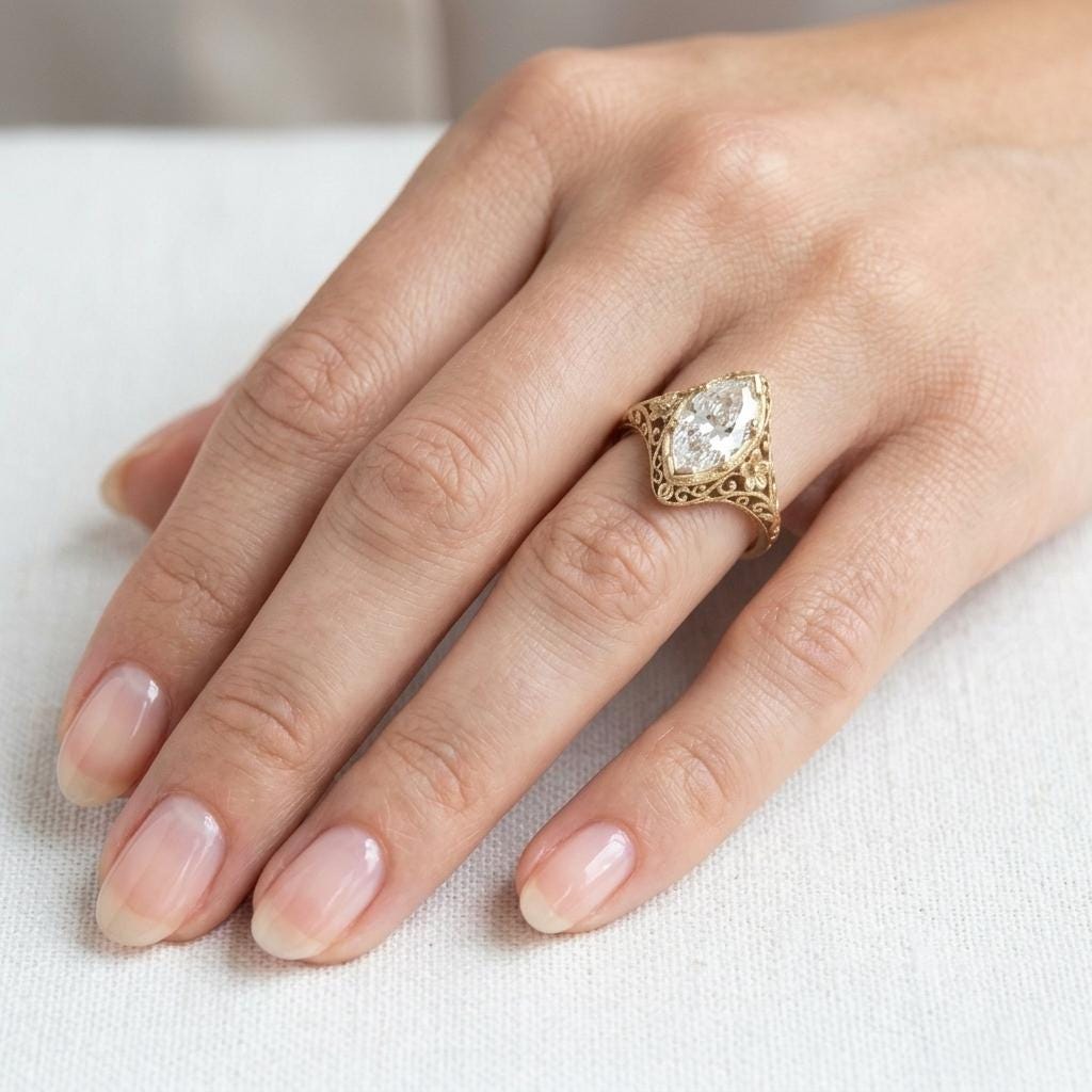 Vintage Engagement Ring, Heirloom IGI Certified Lab Created Diamond Marquise Ring, Milgrain Solid Gold Filigree Ring, Art Deco Floral Ring image #3