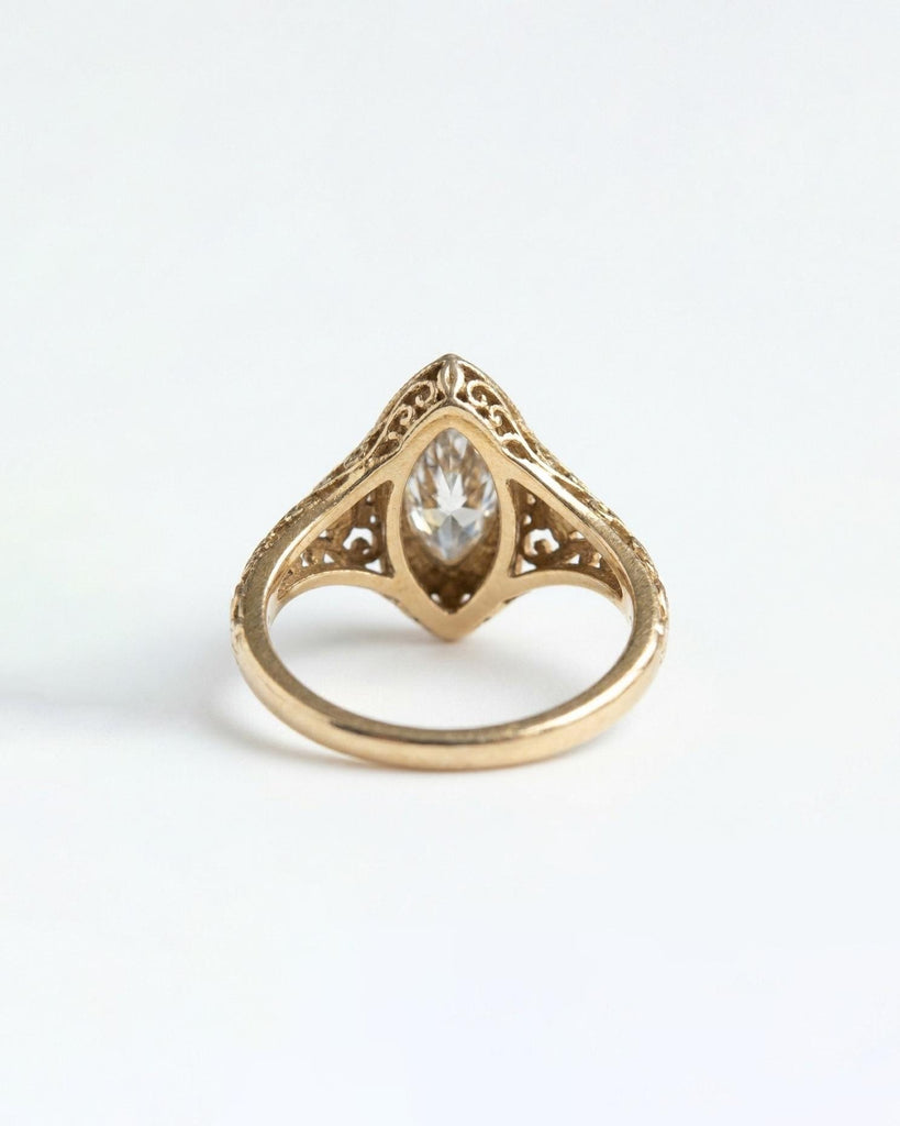 Vintage Engagement Ring, Heirloom IGI Certified Lab Created Diamond Marquise Ring, Milgrain Solid Gold Filigree Ring, Art Deco Floral Ring image #6