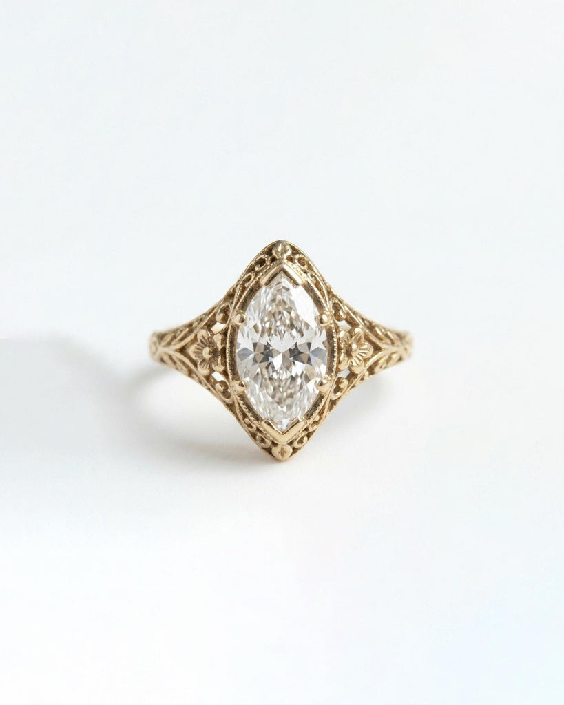 Vintage Engagement Ring, Heirloom IGI Certified Lab Created Diamond Marquise Ring, Milgrain Solid Gold Filigree Ring, Art Deco Floral Ring image #4