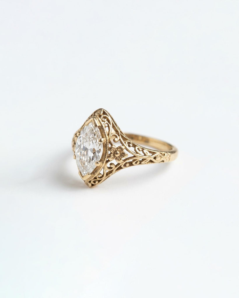 Vintage Engagement Ring, Heirloom IGI Certified Lab Created Diamond Marquise Ring, Milgrain Solid Gold Filigree Ring, Art Deco Floral Ring image #2