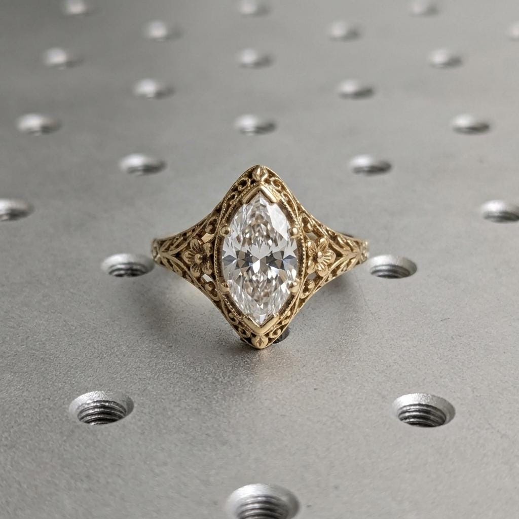Vintage Engagement Ring, Heirloom IGI Certified Lab Created Diamond Marquise Ring, Milgrain Solid Gold Filigree Ring, Art Deco Floral Ring image #1
