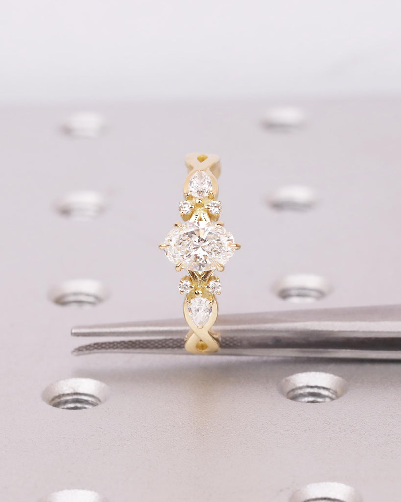 IGI Certified Lab Grown Diamond Ring, Oval Engagement Ring, 3/4 Eternity Twisted Ring with Side Pear Accents, 14K Gold, Promise Ring for Her image #8