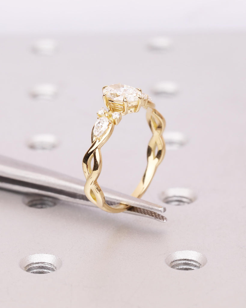 Oval Lab Diamond Engagement Ring, 3/4 Eternity Twisted Bridal Ring, Gold Promise Ring, Vintage Engagement Ring, IGI Certified image #9
