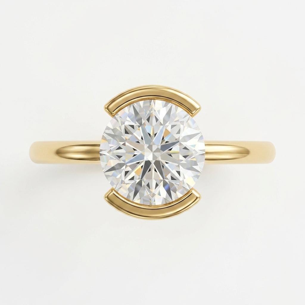 Lab Created Diamond Solitaire Half Bezel Ring | Solid Gold Custom Engagement Ring | Unique Proposal Rings for Women image #5
