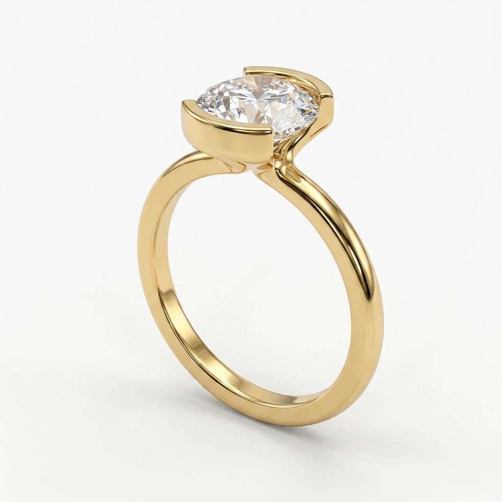 Lab Created Diamond Solitaire Half Bezel Ring | Solid Gold Custom Engagement Ring | Unique Proposal Rings for Women image #4