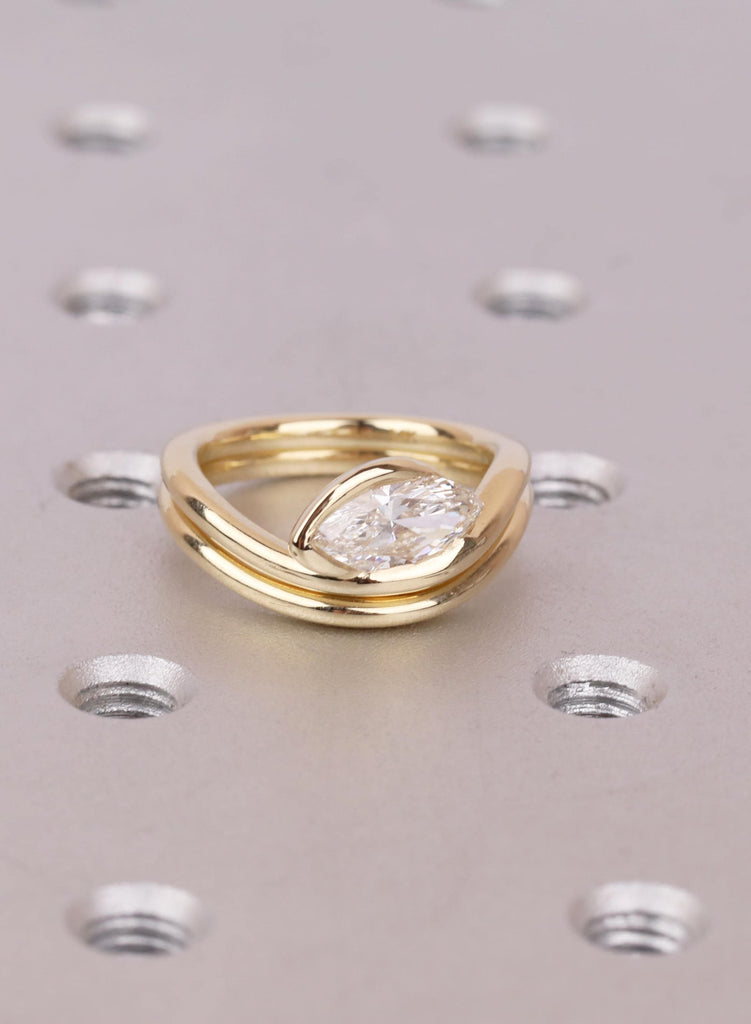 Moissanite Ring For Women 14K Yellow Gold Engagement Ring Set Minimalist Dainty Weeding Band Bezel Set Marquise Moissanite Promise Ring