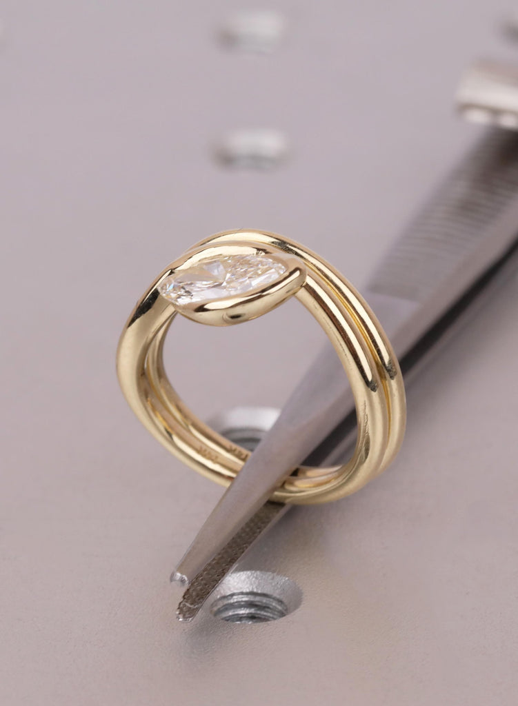 Marquise Lab Grown Diamond Engagement Ring, 14K Yellow Gold Bezel Set Bridal Set Matching Band