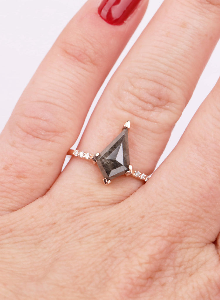 Kite Cut Salt and Pepper Diamond Engagement Ring, 14K Rose Gold, Unique Bridal Ring