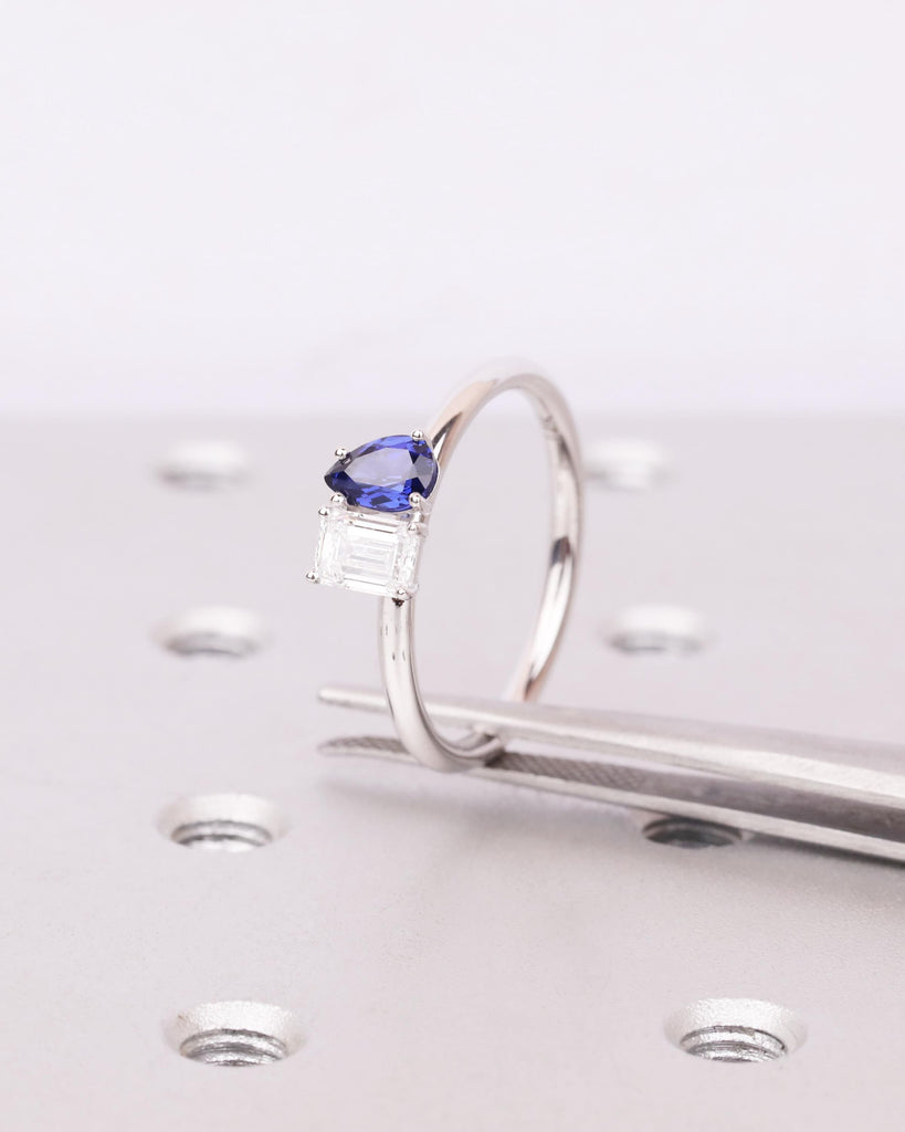 Toi et Moi Engagement Ring: Emerald cut Lab Grown Diamond & Pear cut Blue Sapphire, 14K Solid Gold, Two Stone Ring, You and Me Ring image #4