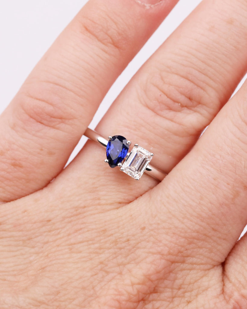 Toi et Moi Engagement Ring: Emerald cut Lab Grown Diamond & Pear cut Blue Sapphire, 14K Solid Gold, Two Stone Ring, You and Me Ring image #3