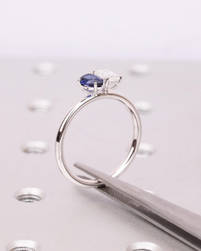 Toi et Moi Engagement Ring: Emerald cut Lab Grown Diamond & Pear cut Blue Sapphire, 14K Solid Gold, Two Stone Ring, You and Me Ring image #6