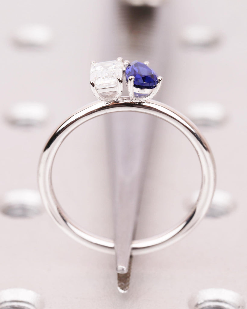 Toi et Moi Engagement Ring: Emerald cut Lab Grown Diamond & Pear cut Blue Sapphire, 14K Solid Gold, Two Stone Ring, You and Me Ring image #7