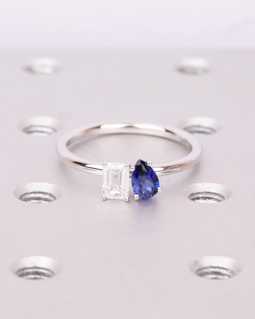 14K Gold Toi et Moi Engagement Ring, Emerald cut Moissanite and Pear shaped Blue Sapphire Two Stone Ring, You & Me Ring, Dainty Promise Ring image #2