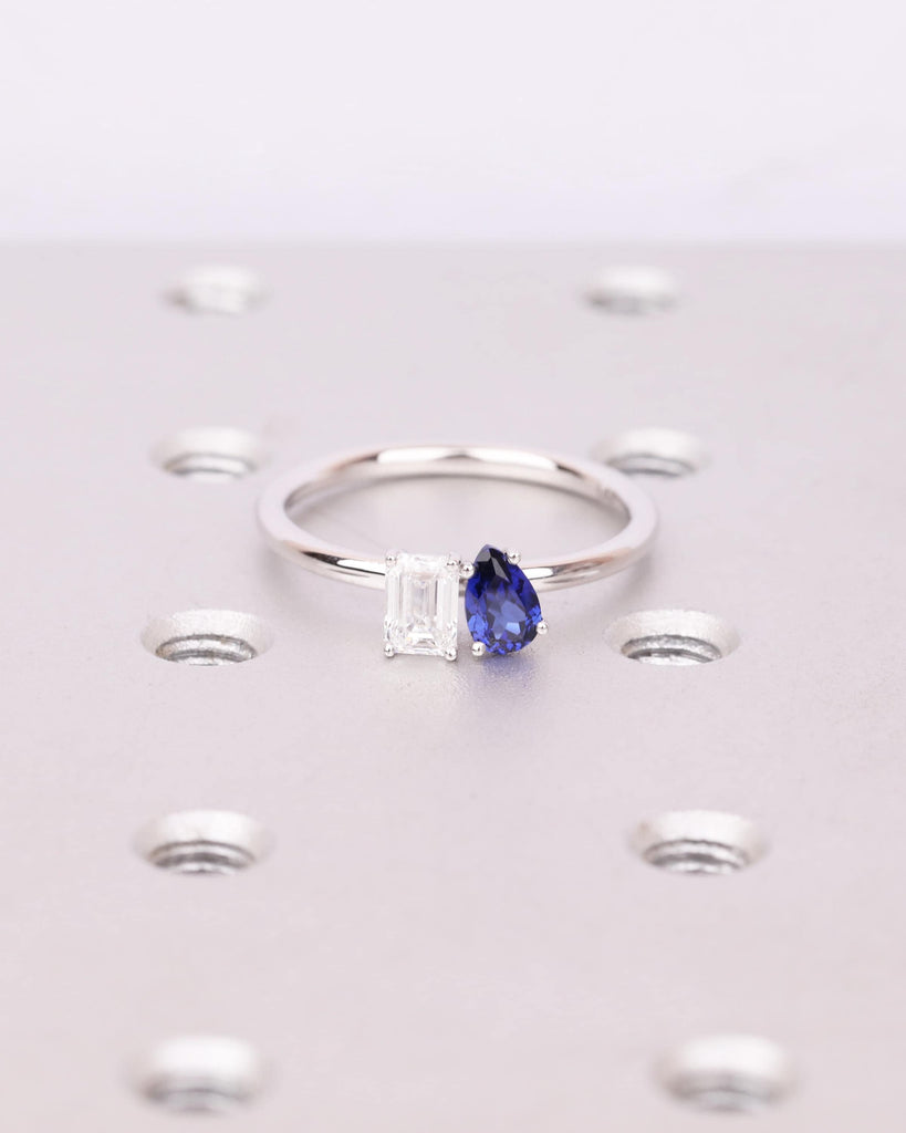 14K Gold Toi et Moi Engagement Ring, Emerald cut Moissanite and Pear shaped Blue Sapphire Two Stone Ring, You & Me Ring, Dainty Promise Ring image #5