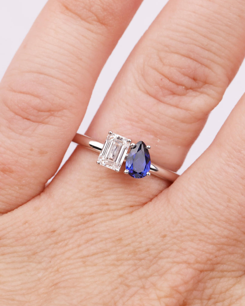 14K Gold Toi et Moi Engagement Ring, Emerald cut Moissanite and Pear shaped Blue Sapphire Two Stone Ring, You & Me Ring, Dainty Promise Ring image #3