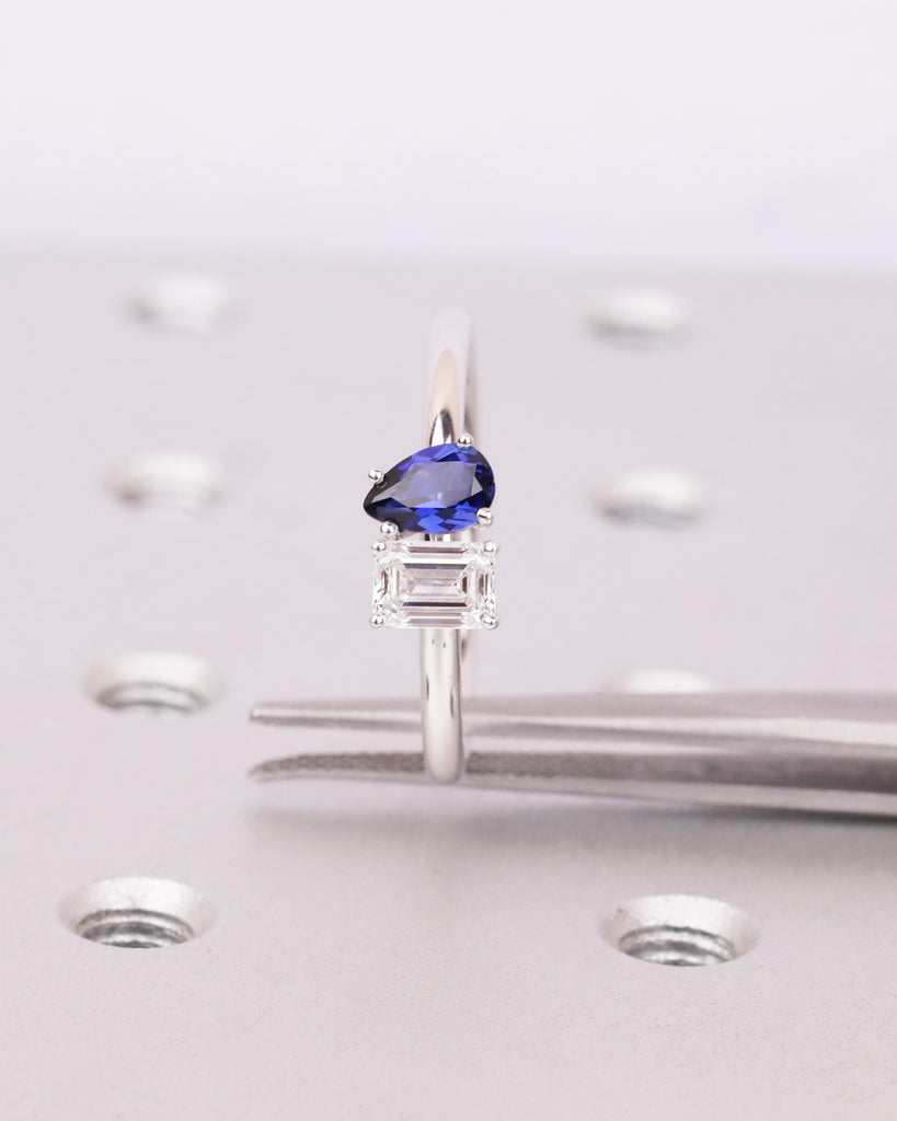14K Gold Toi et Moi Engagement Ring, Emerald cut Moissanite and Pear shaped Blue Sapphire Two Stone Ring, You & Me Ring, Dainty Promise Ring image #7