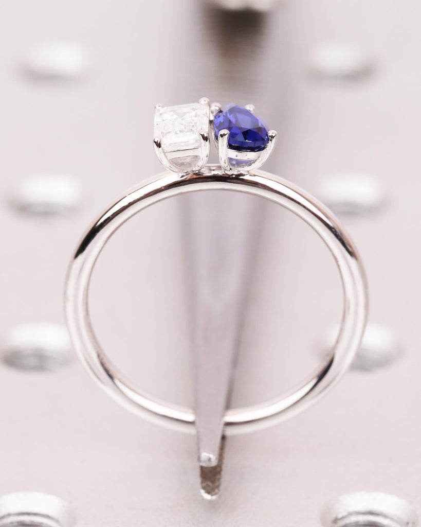 14K Gold Toi et Moi Engagement Ring, Emerald cut Moissanite and Pear shaped Blue Sapphire Two Stone Ring, You & Me Ring, Dainty Promise Ring image #8