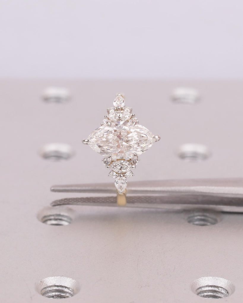 Two Tone Engagement Ring, Marquise Diamond Ring, 18k Solid Gold Promise Ring for Her, Vintage IGI Certified Lab Created Diamond Cluster Ring image #5