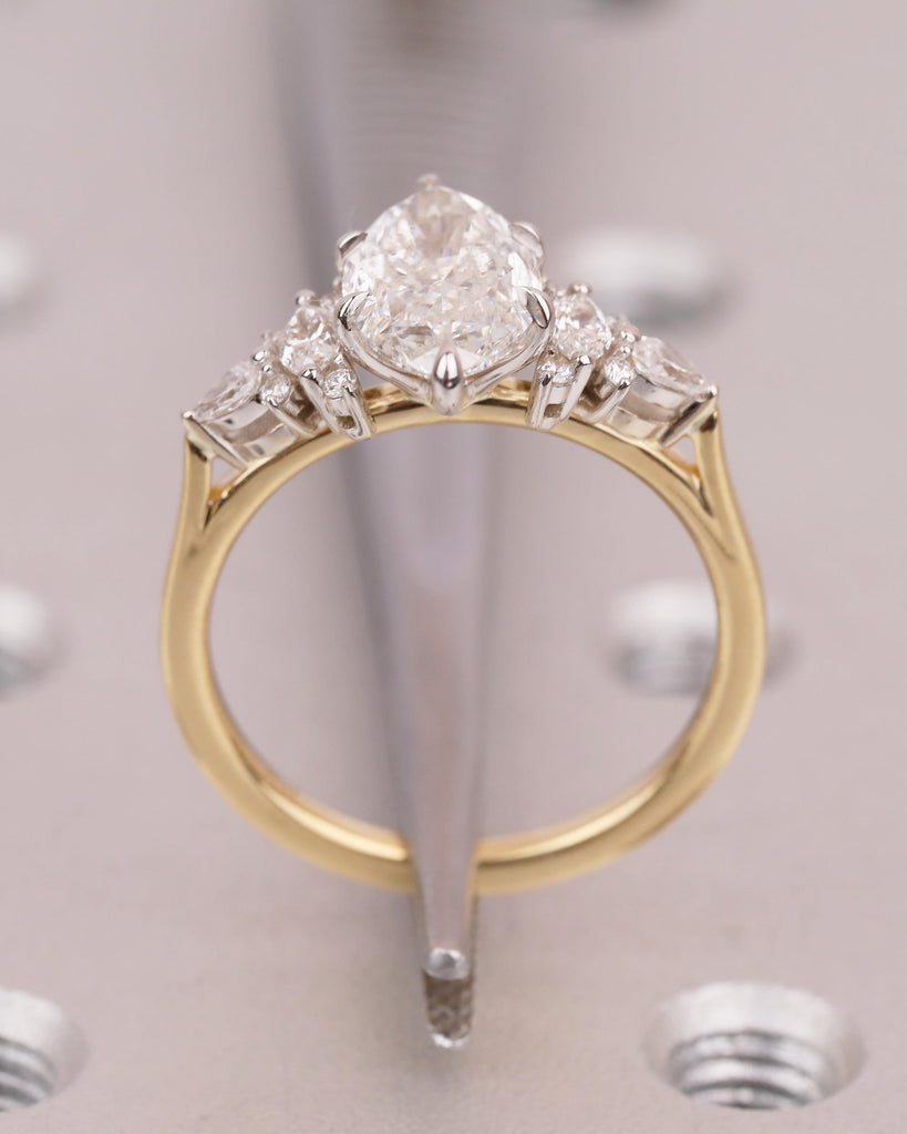Two Tone Engagement Ring, Marquise Diamond Ring, 18k Solid Gold Promise Ring for Her, Vintage IGI Certified Lab Created Diamond Cluster Ring image #7