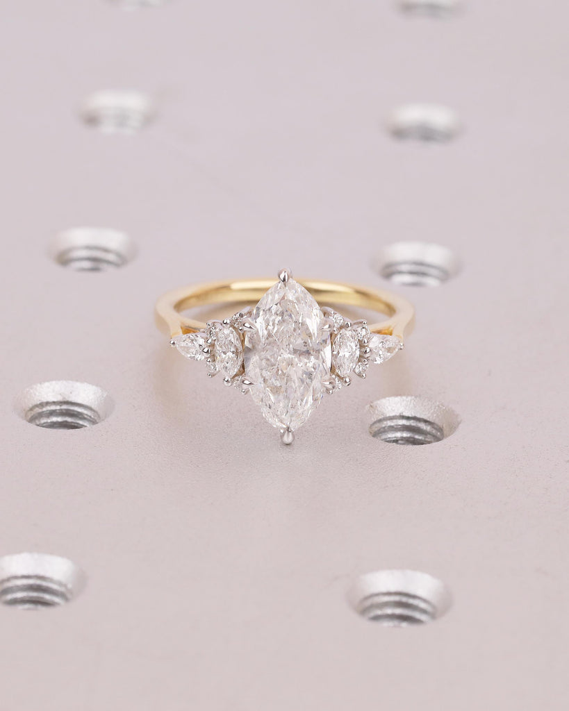 Two Tone Engagement Ring, Marquise Diamond Ring, 18k Solid Gold Promise Ring for Her, Vintage IGI Certified Lab Created Diamond Cluster Ring image #8