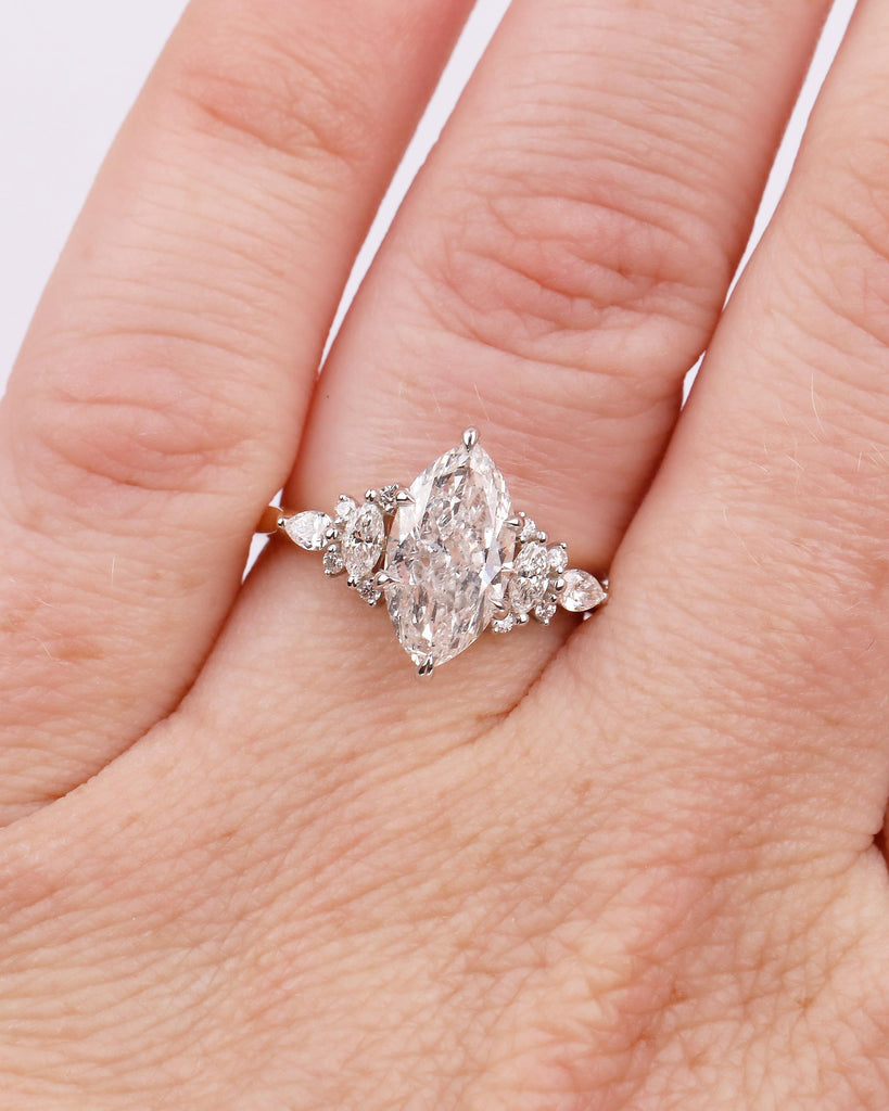 Two Tone Engagement Ring, Marquise Diamond Ring, 18k Solid Gold Promise Ring for Her, Vintage IGI Certified Lab Created Diamond Cluster Ring image #4