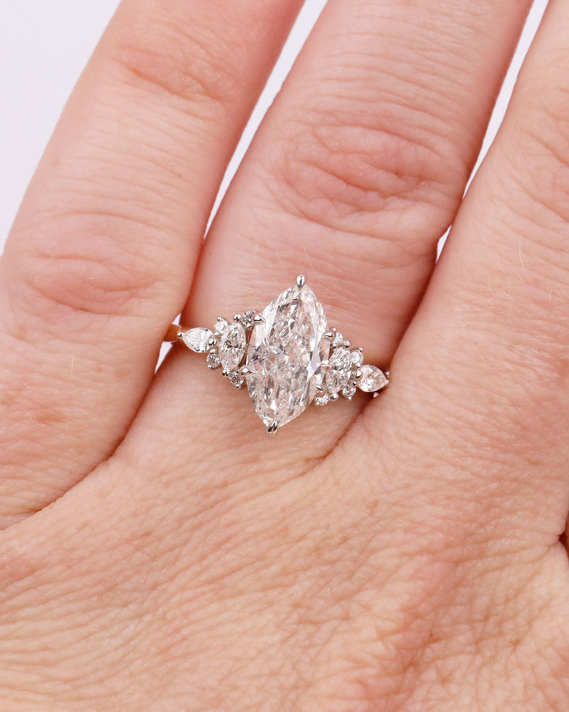 Marquise Lab Grown Diamond Cluster Ring, Two Tone 18k Gold Engagement Ring image #4