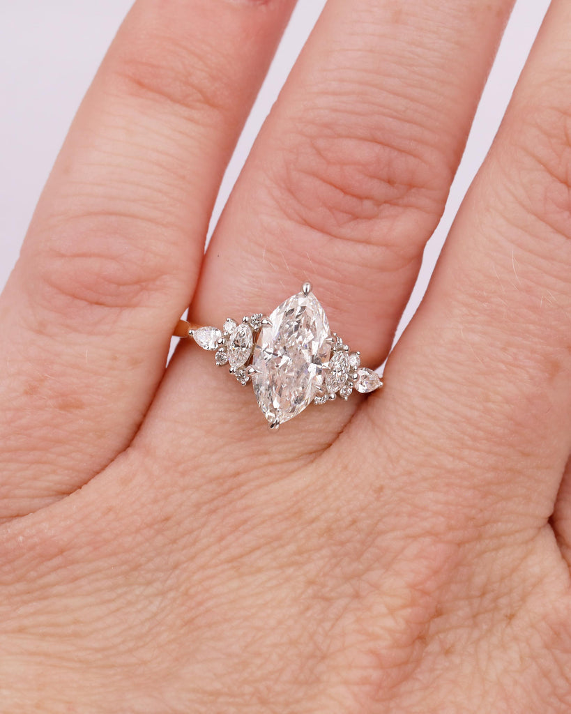 Two Tone Engagement Ring, Marquise Diamond Ring, 18k Solid Gold Promise Ring for Her, Vintage IGI Certified Lab Created Diamond Cluster Ring image #15