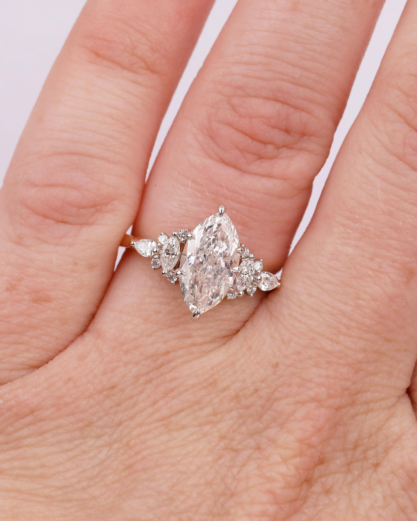Two Tone Engagement Ring, Marquise Diamond Ring, 18k Solid Gold Promise Ring for Her, Vintage IGI Certified Lab Created Diamond Cluster Ring image #17