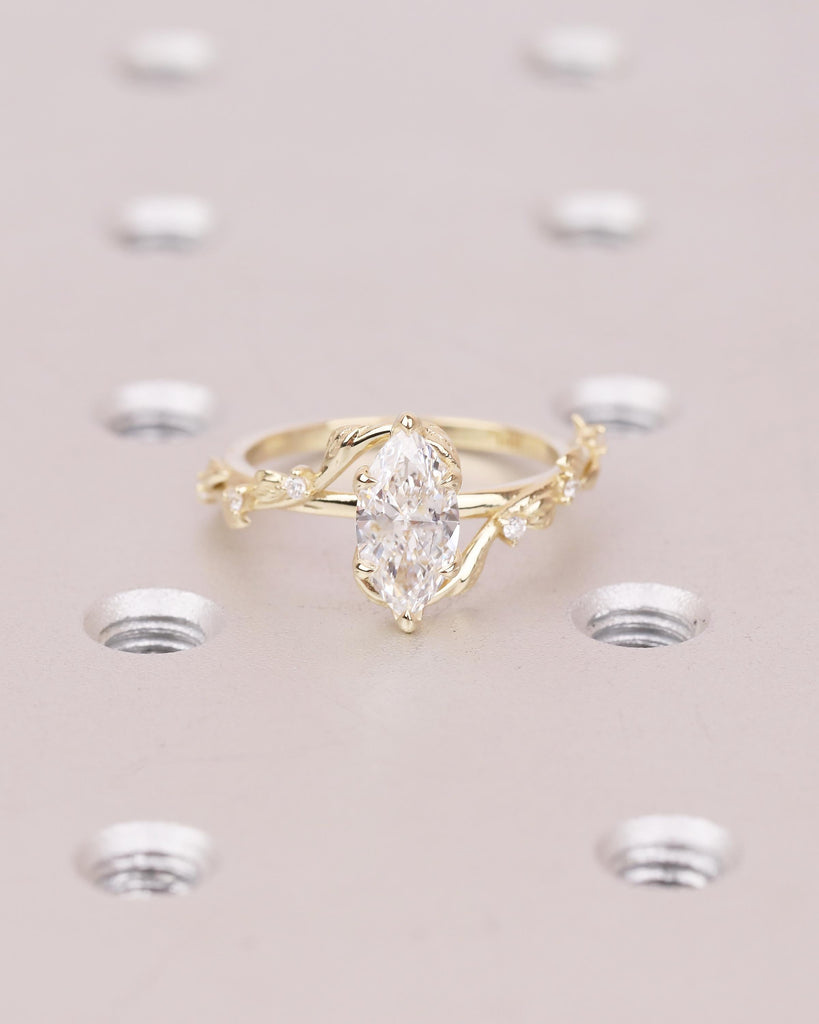 14k Solid Gold Nature Inspired Engagement Ring, Bypass Lab Diamond Marquise Ring image #8