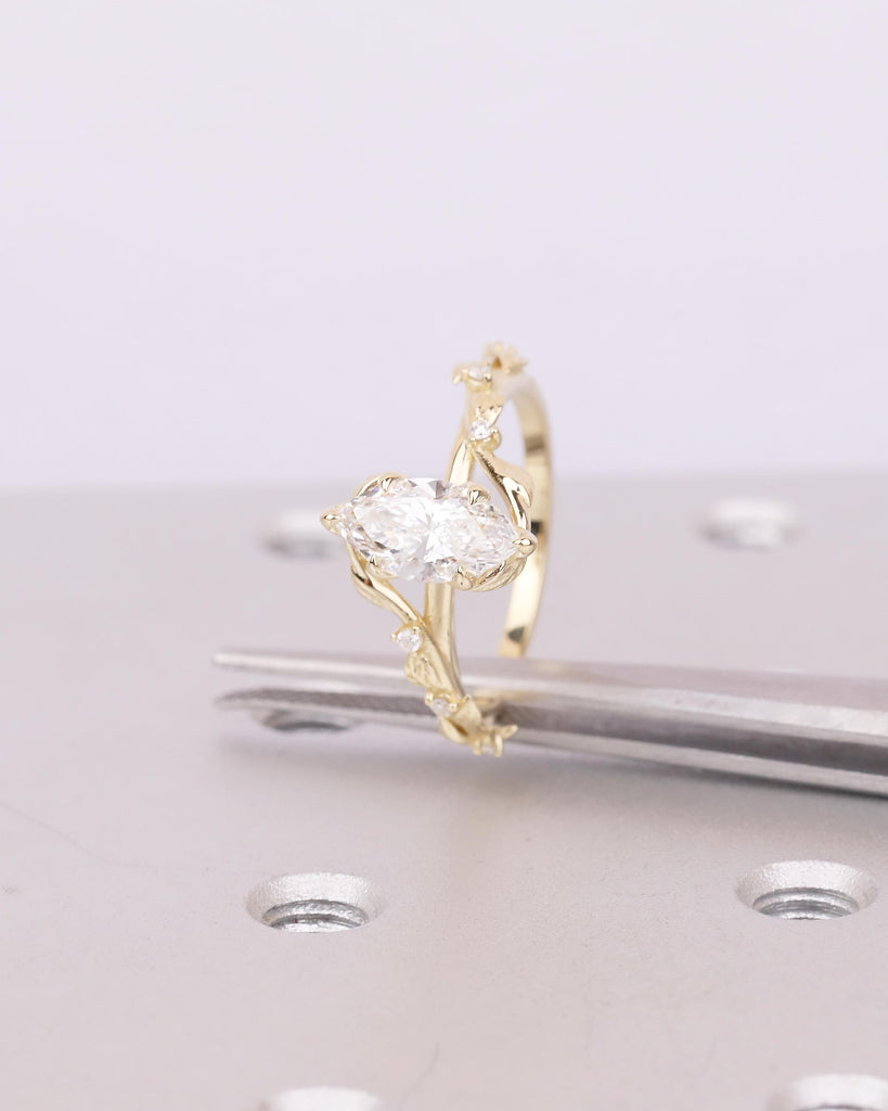 14k Solid Gold Nature Inspired Engagement Ring, Bypass Lab Diamond Marquise Ring image #11