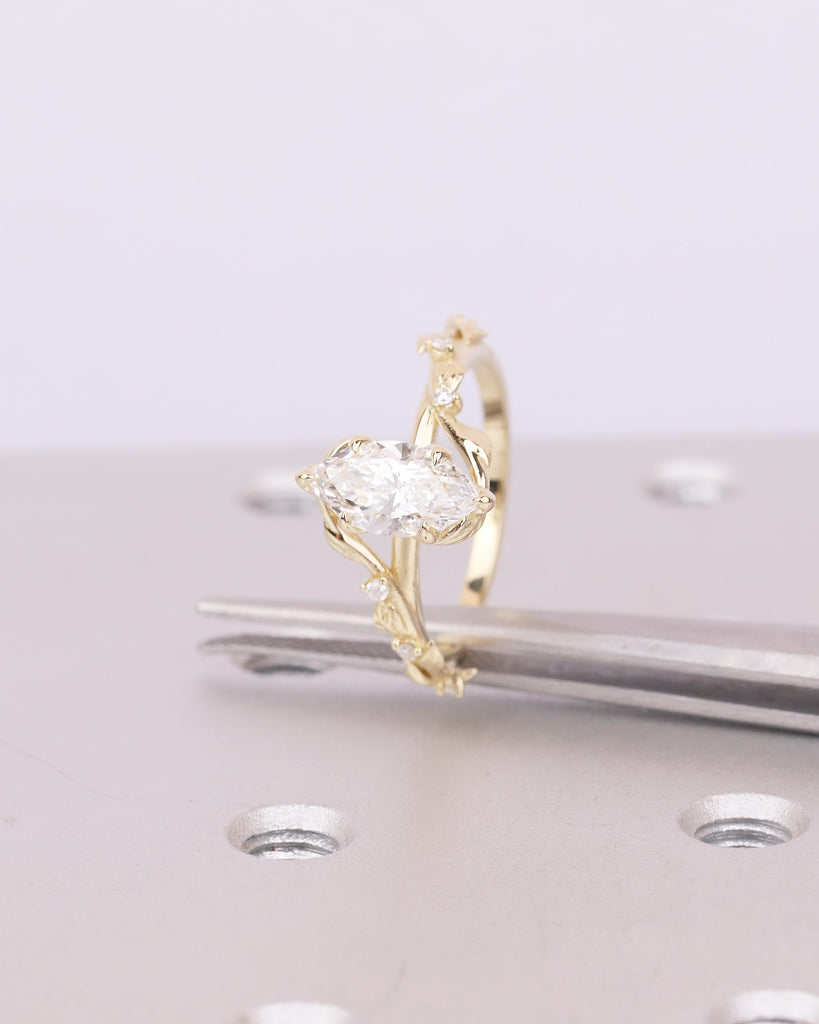 Twig Engagement Ring, 1ct Lab Created Diamond Marquise Ring, Art Deco 14k Yellow Gold Nature Inspired Bridal Jewelry, Women Wedding Rings image #14