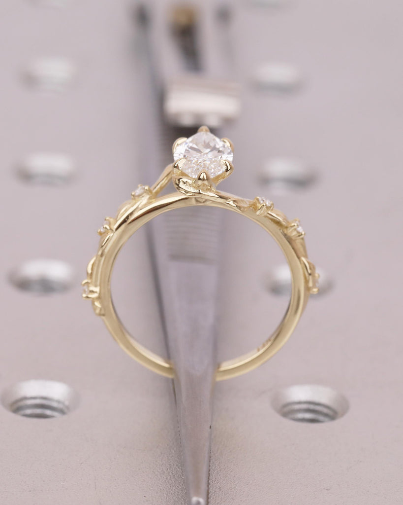 Twig Engagement Ring, 1ct Lab Created Diamond Marquise Ring, Art Deco 14k Yellow Gold Nature Inspired Bridal Jewelry, Women Wedding Rings image #7