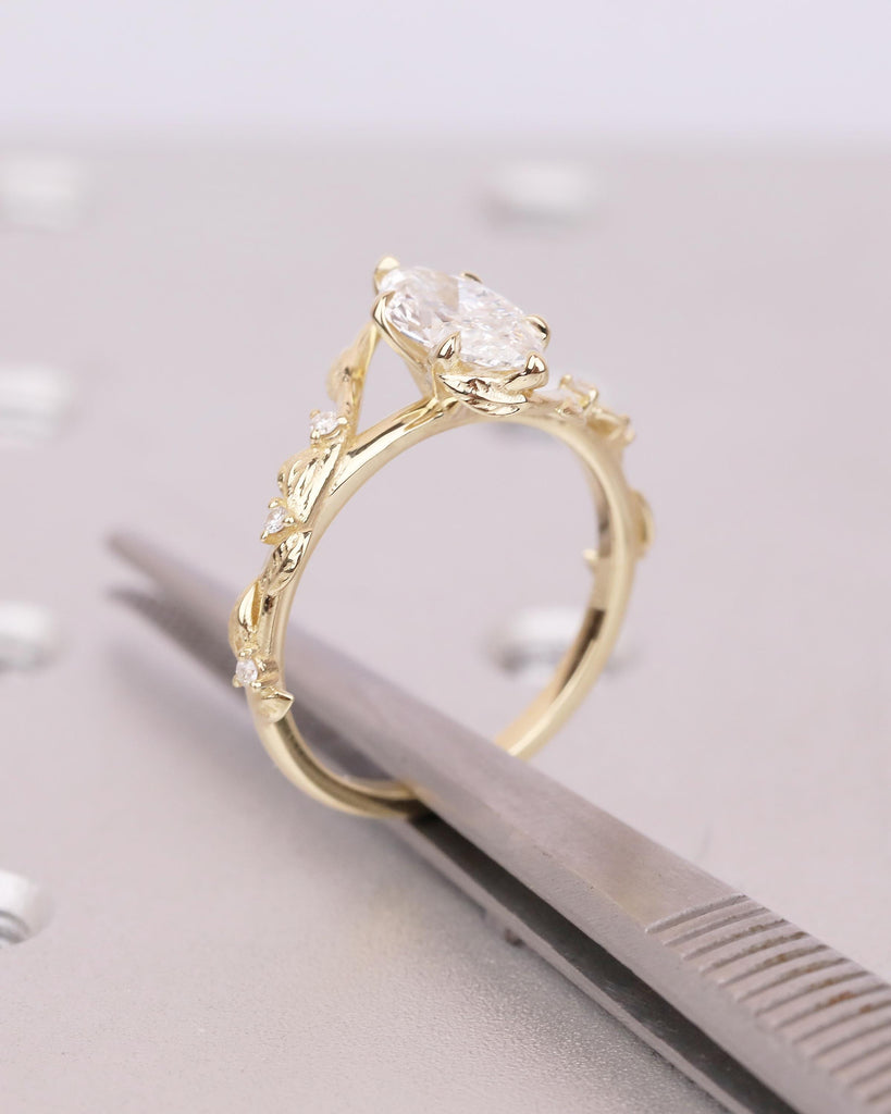 Twig Engagement Ring, 1ct Lab Created Diamond Marquise Ring, Art Deco 14k Yellow Gold Nature Inspired Bridal Jewelry, Women Wedding Rings image #16