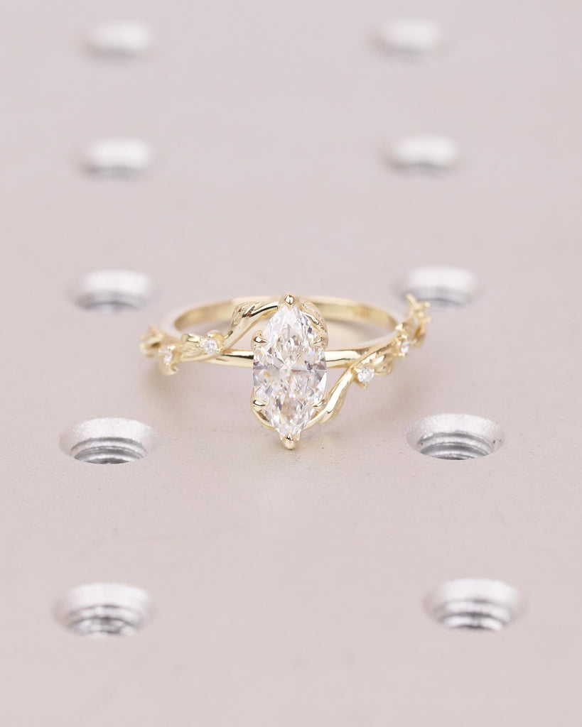 Twig Engagement Ring, 1ct Lab Created Diamond Marquise Ring, Art Deco 14k Yellow Gold Nature Inspired Bridal Jewelry, Women Wedding Rings image #8