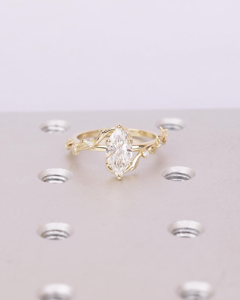 Twig Engagement Ring, 1ct Lab Created Diamond Marquise Ring, Art Deco 14k Yellow Gold Nature Inspired Bridal Jewelry, Women Wedding Rings image #13