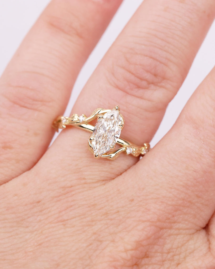 Twig Engagement Ring, 1ct Lab Created Diamond Marquise Ring, Art Deco 14k Yellow Gold Nature Inspired Bridal Jewelry, Women Wedding Rings image #15