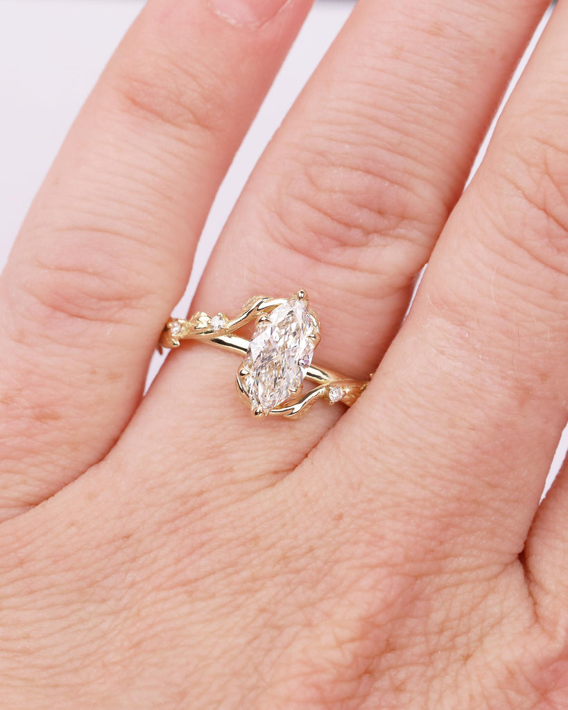 Twig Engagement Ring, 1ct Lab Created Diamond Marquise Ring, Art Deco 14k Yellow Gold Nature Inspired Bridal Jewelry, Women Wedding Rings image #11