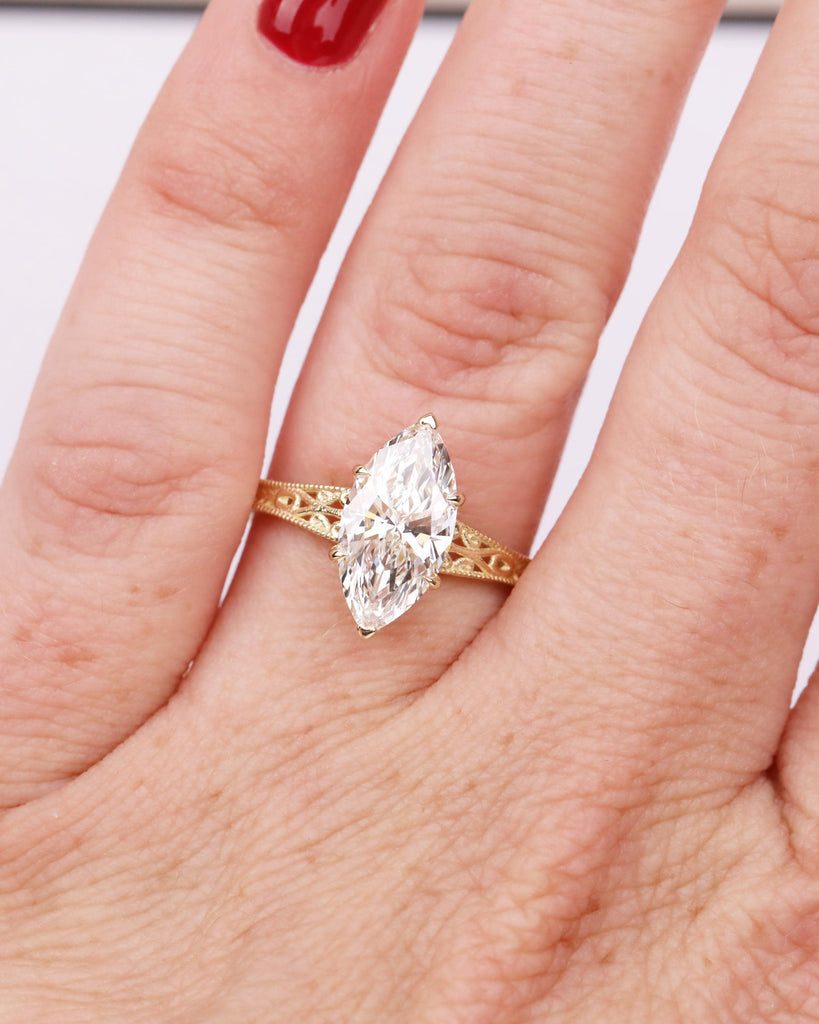 Solid 14k Gold Vintage Filigree Ring, Marquise Lab Diamond Engagement Ring, IGI Certified 0.5ct-2ct Marquise Solitaire, Heirloom Jewelry image #2